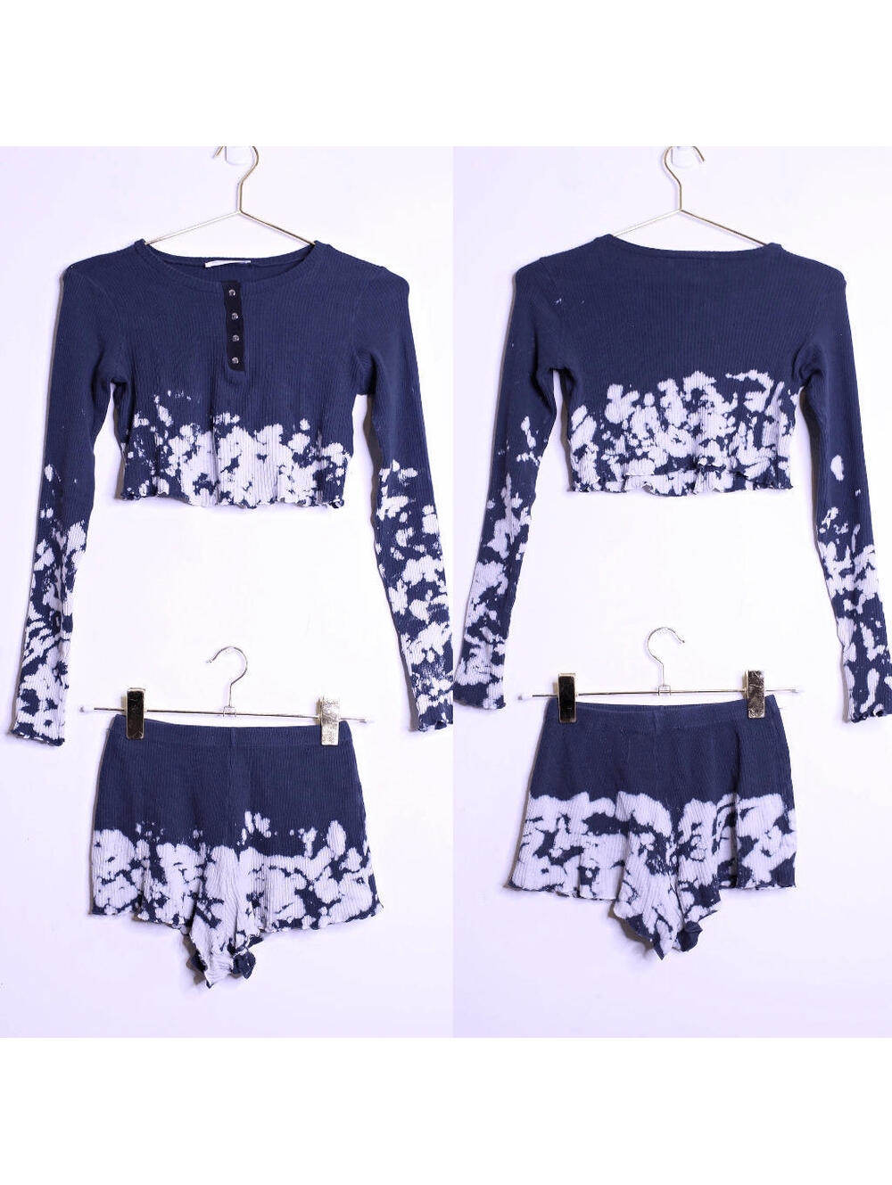 Charcoal White Bleached Loungewear Set Crop Top Booty Shorts - Small